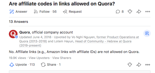 affiliate links on quora