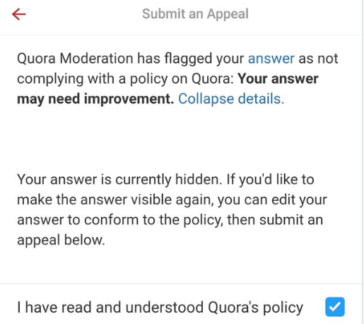 submit an appeal to quora